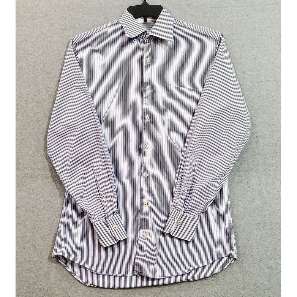 PETER MILLAR Button-Front Mens Dress Shirt Stripes Blue Brown Medium L/S Casual